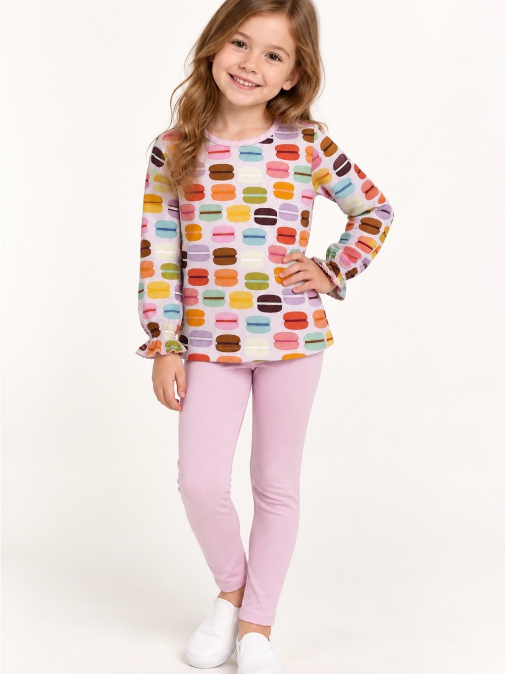 The Oaks Apparel Girls 6Y Macaron
Print Ruffle Top Pink Leggings Outfit Set